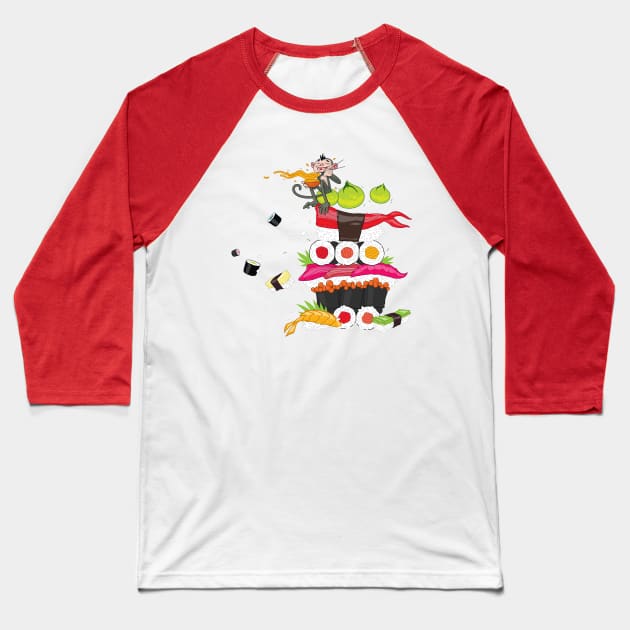 monkey eating shushi Baseball T-Shirt by Mako Design 